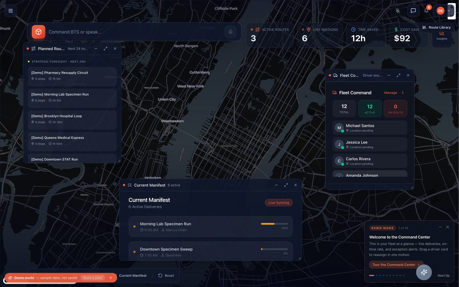Box Truck Sprinter Command Center demonstration showing planned delivery routes, fleet status and current manifests over a city map.
