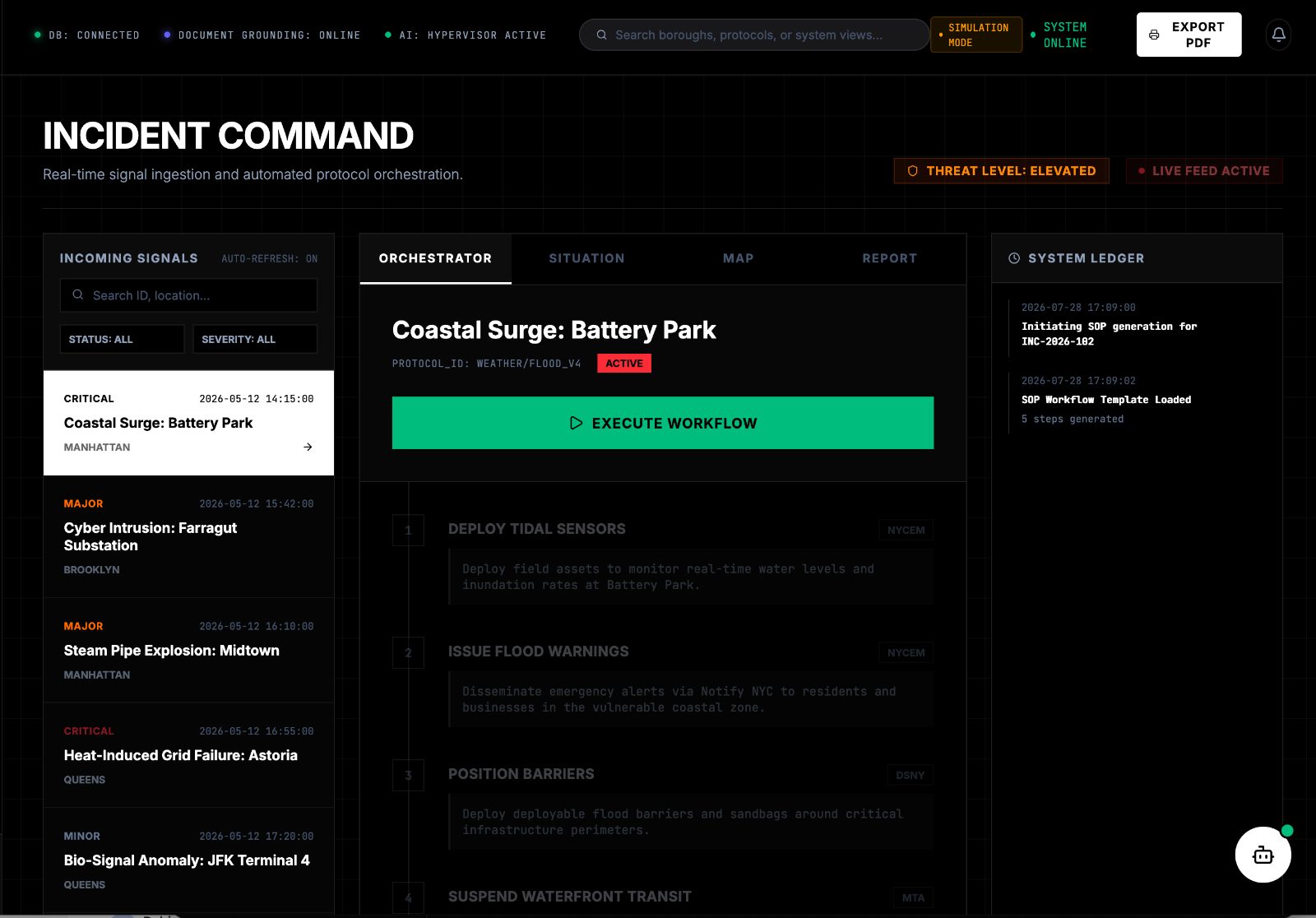 PRODIGY Civic OS incident command view with incoming signals and protocol orchestration