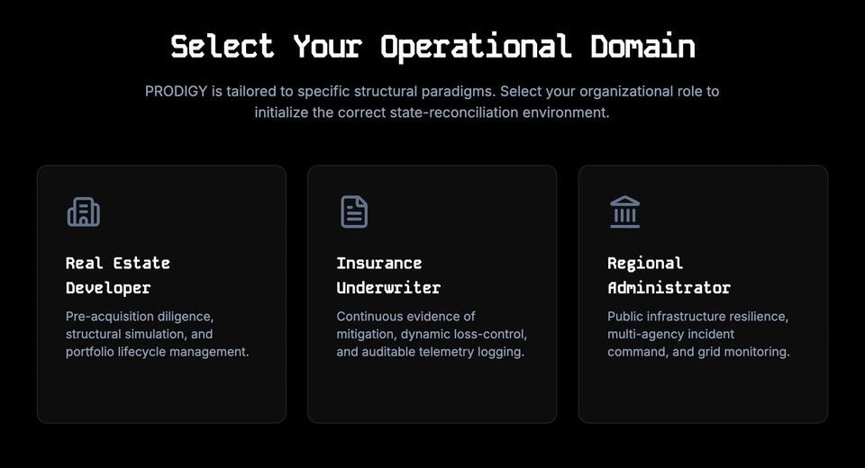 A PRODIGY Sprint artifact: the role gate asking an operator to select their operational domain before the engine configures itself.