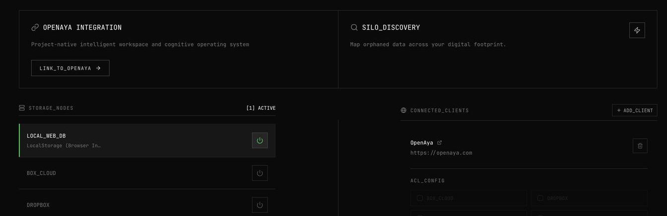 Data Vault bridge nexus: storage adapters on one side, client applications on the other, with per-client scope.