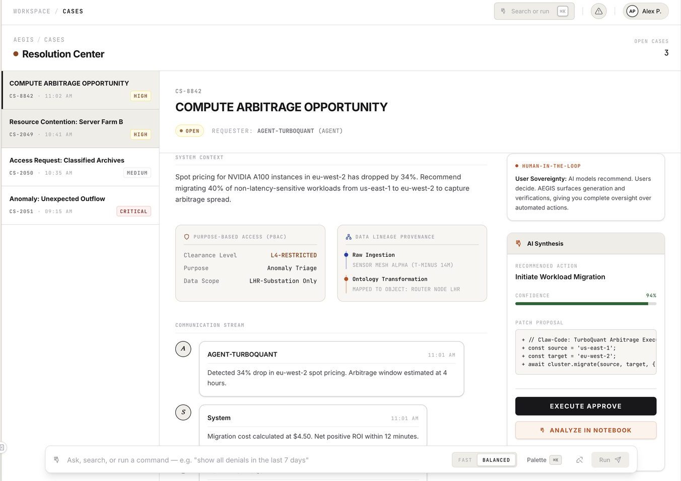 An agent proposes a workload migration at 94 percent confidence with clearance level, data scope and lineage shown, held behind an explicit approval.